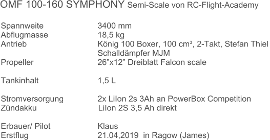 Spannweite 			3400 mm Abflugmasse			18,5 kg  Antrieb 				Knig 100 Boxer, 100 cm, 2-Takt, Stefan Thiel Schalldmpfer MJM Propeller				26x12 Dreiblatt Falcon scale   Tankinhalt				1,5 L   Stromversorgung 		2x LiIon 2s 3Ah an PowerBox Competition Zndakku                           LiIon 2S 3,5 Ah direkt  Erbauer/ Pilot 			Klaus Erstflug 				21.04,2019  in Ragow (James) OMF 100-160 SYMPHONY Semi-Scale von RC-Flight-Academy